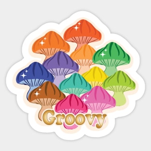 Magical Mushrooms with Groovy golden typography in Rainbow colours Sticker